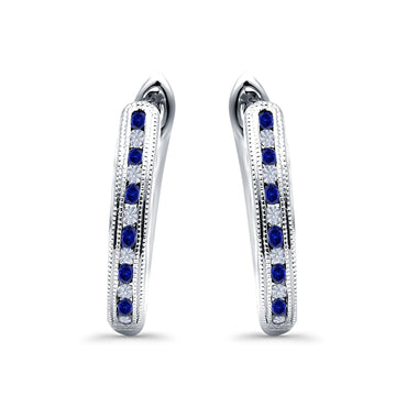 Half Eternity Hoop Earrings Round Simulated Blue Sapphire Cubic Zirconia 925 Sterling Silver (14mm)